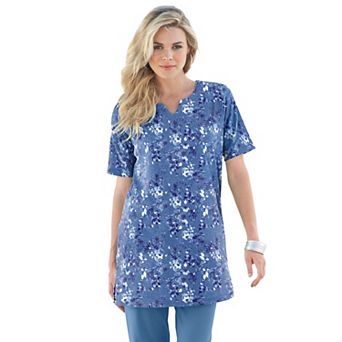 Roaman's Women's Plus Size Soft Knit Print Tunic With Notch Neckline