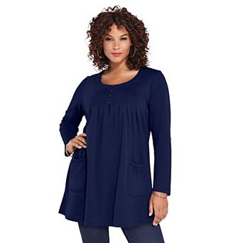 Roaman's Women's Plus Size Plus Size Two Pocket Long Sleeve Soft Knit Swing Tunic