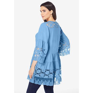 Roaman's Women's Plus Size Illusion Lace Big Shirt