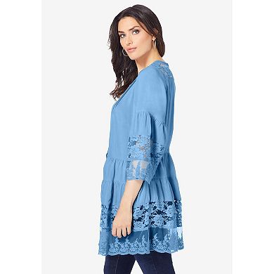 Roaman's Women's Plus Size Lace Illusion Blouse