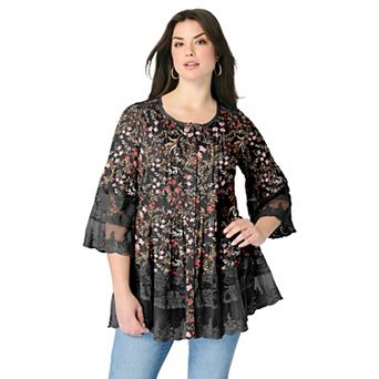 Roaman's Women's Plus Size Lace Illusion Blouse