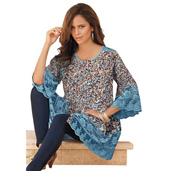 Roaman's Women's Plus Size Lace Illusion Blouse