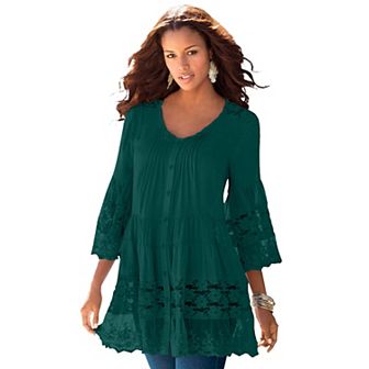 Roaman's Women's Plus Size Lace Illusion Blouse