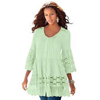 Roaman's Women's Plus Size Lace Illusion Blouse