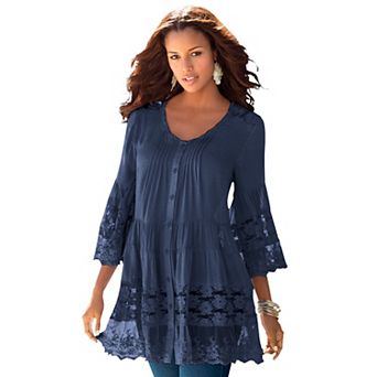 Roaman's Women's Plus Size Lace Illusion Blouse