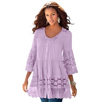 Roaman's Women's Plus Size Lace Illusion Blouse