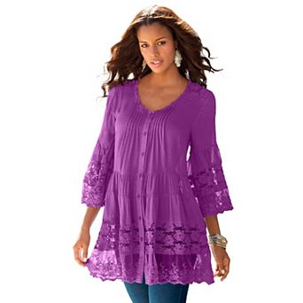 Roaman's Women's Plus Size Lace Illusion Blouse