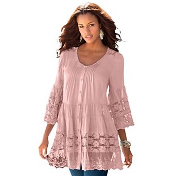 Roaman's Women's Plus Size Lace Illusion Blouse