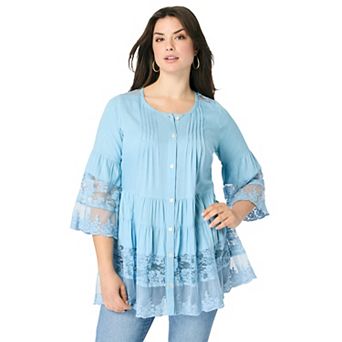 Roaman's Women's Plus Size Illusion Lace Big Shirt