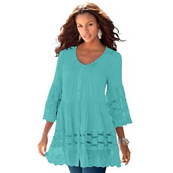 Roaman's Women's Plus Size Lace Illusion Blouse