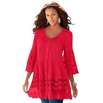 Roaman's Women's Plus Size Lace Illusion Blouse