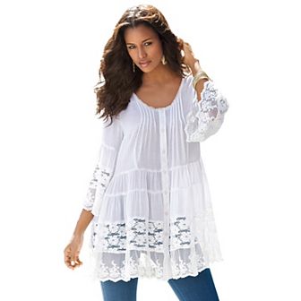 Roaman's Women's Plus Size Lace Illusion Blouse