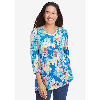 Woman Within Women's Plus Size Perfect Printed Three-Quarter Sleeve V-Neck Tee