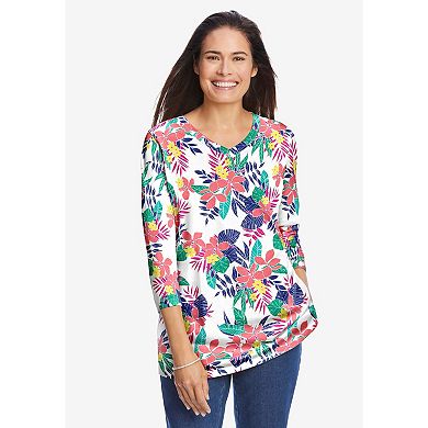 Woman Within Plus Size Perfect Printed Three-Quarter Sleeve V-Neck Tee