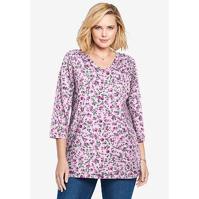 Woman Within Plus Size Perfect Printed Three-Quarter Sleeve V-Neck Tee
