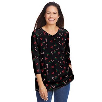 Woman Within Plus Size Perfect Printed Three-Quarter Sleeve V-Neck Tee