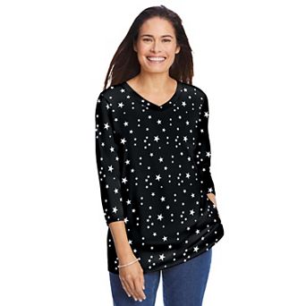 Woman Within Plus Size Perfect Printed Three-Quarter Sleeve V-Neck Tee