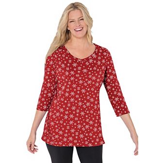 Woman Within Plus Size Perfect Printed Three-Quarter Sleeve V-Neck Tee