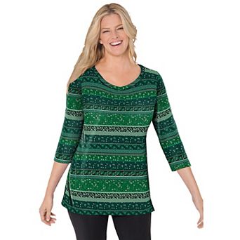 Woman Within Plus Size Perfect Printed Three-Quarter Sleeve V-Neck Tee