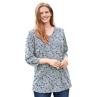 Woman Within Plus Size Perfect Printed Three-Quarter Sleeve V-Neck Tee
