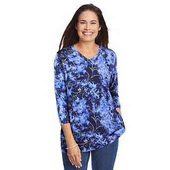 Woman Within Plus Size Perfect Printed Three-Quarter Sleeve V-Neck Tee