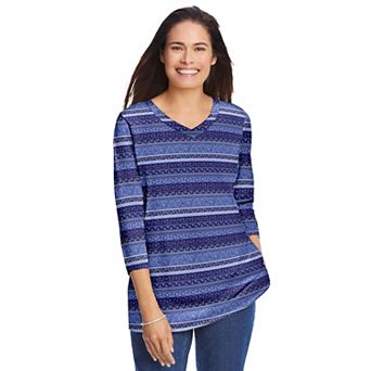 Woman Within Plus Size Perfect Printed Three-Quarter Sleeve V-Neck Tee
