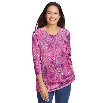 Woman Within Plus Size Perfect Printed Three-Quarter Sleeve V-Neck Tee