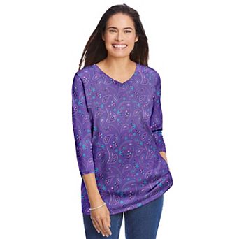 Woman Within Plus Size Perfect Printed Three-Quarter Sleeve V-Neck Tee