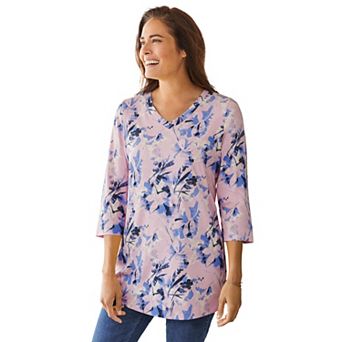 Woman Within Plus Size Perfect Printed Three-Quarter Sleeve V-Neck Tee