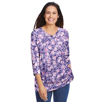 Woman Within Plus Size Perfect Printed Three-Quarter Sleeve V-Neck Tee