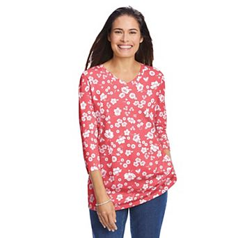 Woman Within Plus Size Perfect Printed Three-Quarter Sleeve V-Neck Tee