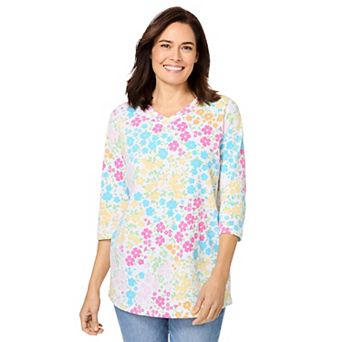 Woman Within Plus Size Perfect Printed Three-Quarter Sleeve V-Neck Tee