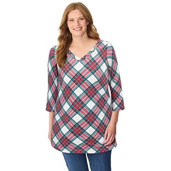Woman Within Plus Size Perfect Printed Three-Quarter Sleeve V-Neck Tee