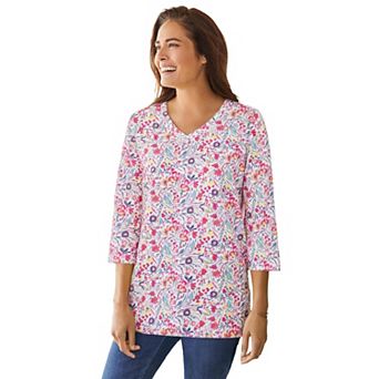 Woman Within Plus Size Perfect Printed Three-Quarter Sleeve V-Neck Tee