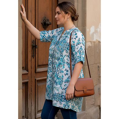 Roaman's Women's Plus Size Pintuck Tunic Blouse Y-Neck & Roll-Tab Sleeves