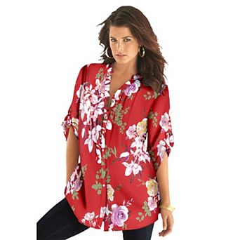 Roaman's Women's Plus Size Plus Size Floral Y-Neck Pintuck Tunic Adjustable Long Sleeve