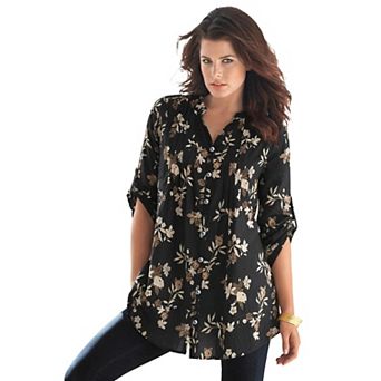 Roaman's Women's Plus Size Pintuck Tunic Blouse Y-Neck & Roll-Tab Sleeves
