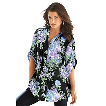 Roaman's Women's Plus Size Pintuck Tunic Blouse Y-Neck & Roll-Tab Sleeves