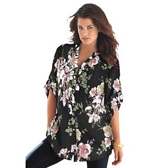 Roaman's Women's Plus Size Plus Size Floral Y-Neck Pintuck Tunic Adjustable Long Sleeve
