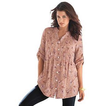 Roaman's Women's Plus Size Pintuck Tunic Blouse Y-Neck & Roll-Tab Sleeves
