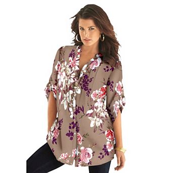 Roaman's Women's Plus Size Plus Size Floral Y-Neck Pintuck Tunic Adjustable Long Sleeve