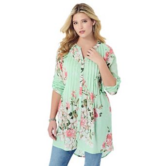 Roaman's Women's Plus Size Floral Y-Neck Pintuck Tunic Adjustable Long Sleeve Button-Front,