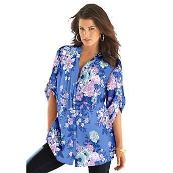 Roaman's Women's Plus Size Pintuck Tunic Blouse Y-Neck & Roll-Tab Sleeves