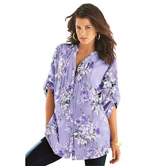 Roaman's Women's Plus Size Floral Y-Neck Pintuck Tunic Adjustable Long Sleeve Button-Front,