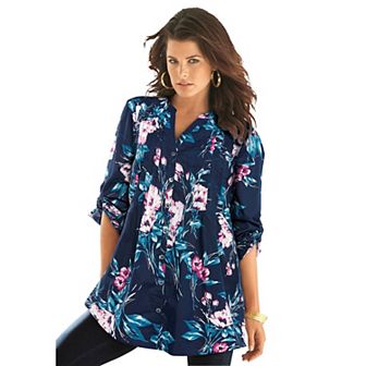 Roaman's Women's Plus Size Plus Size Floral Y-Neck Pintuck Tunic Adjustable Long Sleeve