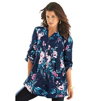 Roaman's Women's Plus Size Floral Y-Neck Pintuck Tunic Adjustable Long Sleeve Button-Front,