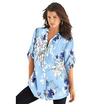 Roaman's Women's Plus Size Plus Size Floral Y-Neck Pintuck Tunic Adjustable Long Sleeve