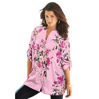 Roaman's Women's Plus Size Plus Size Floral Y-Neck Pintuck Tunic Adjustable Long Sleeve
