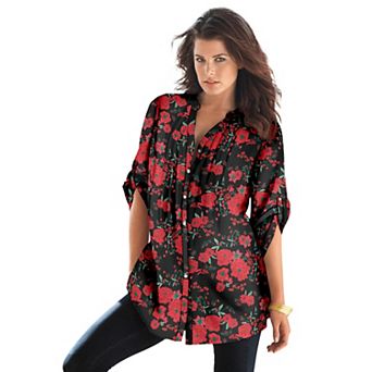 Roaman's Women's Plus Size Pintuck Tunic Blouse Y-Neck & Roll-Tab Sleeves