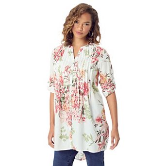 Roaman's Women's Plus Size Plus Size Floral Y-Neck Pintuck Tunic Adjustable Long Sleeve